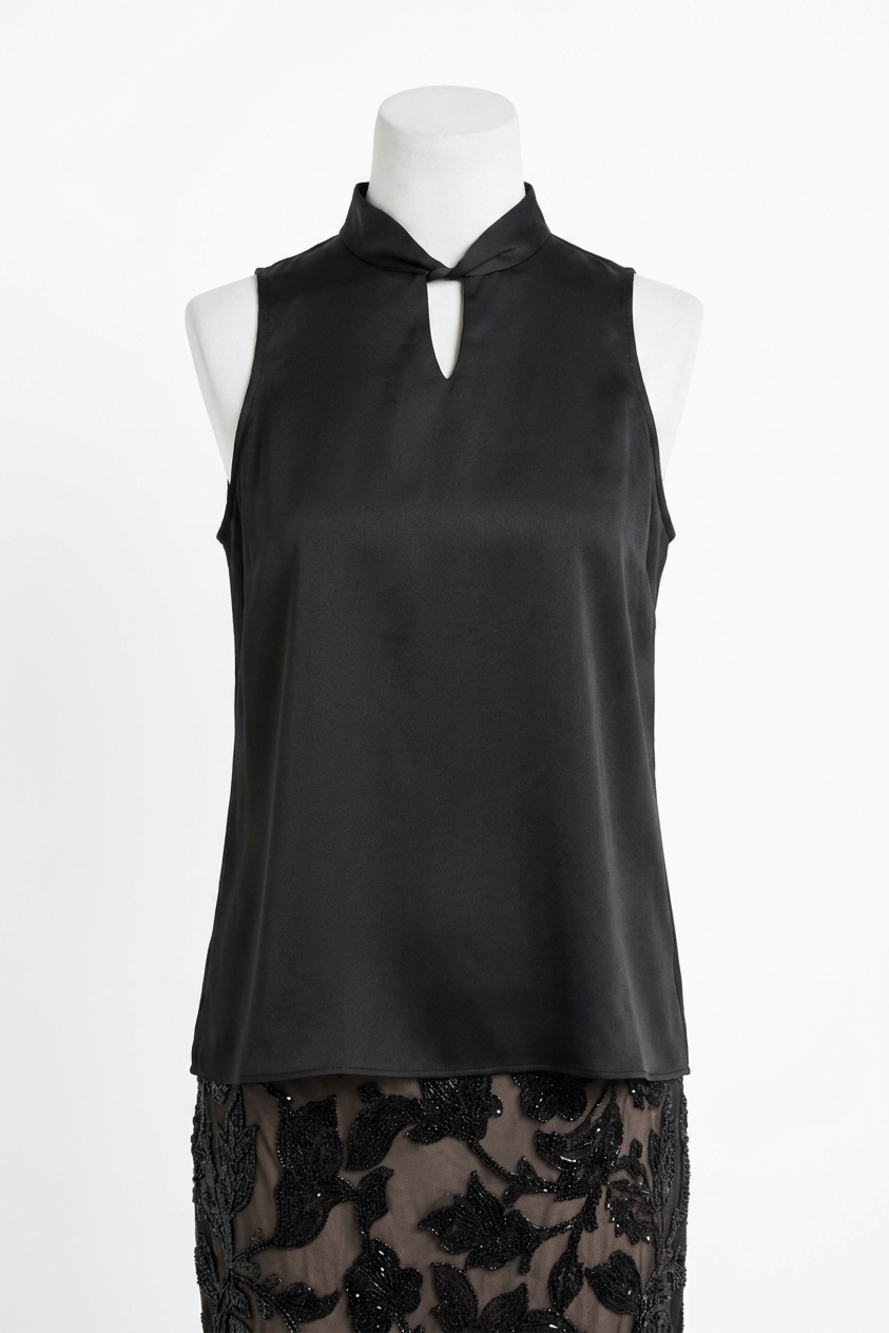 NEW JOSEPH RIBKOFF satin sleeveless keyhole top in black